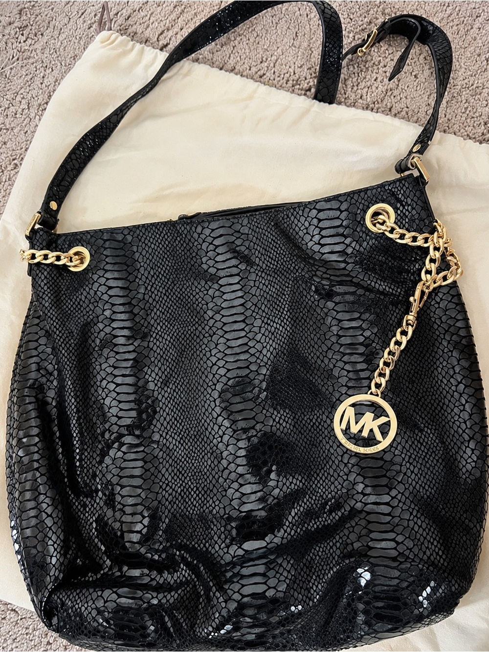 Michael Kors Black Patent Snake-Embossed Shoulder Bag with Gold MK Charm